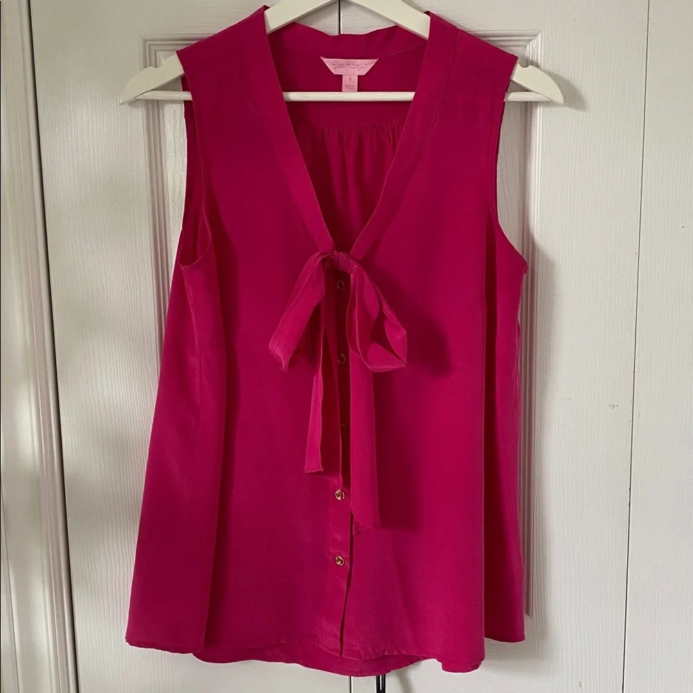 Lilly Pulitzer Raleigh Fuchsia Sleeveless Kitty Bow Blouse in Kissy Pink Small - Picture 3 of 16